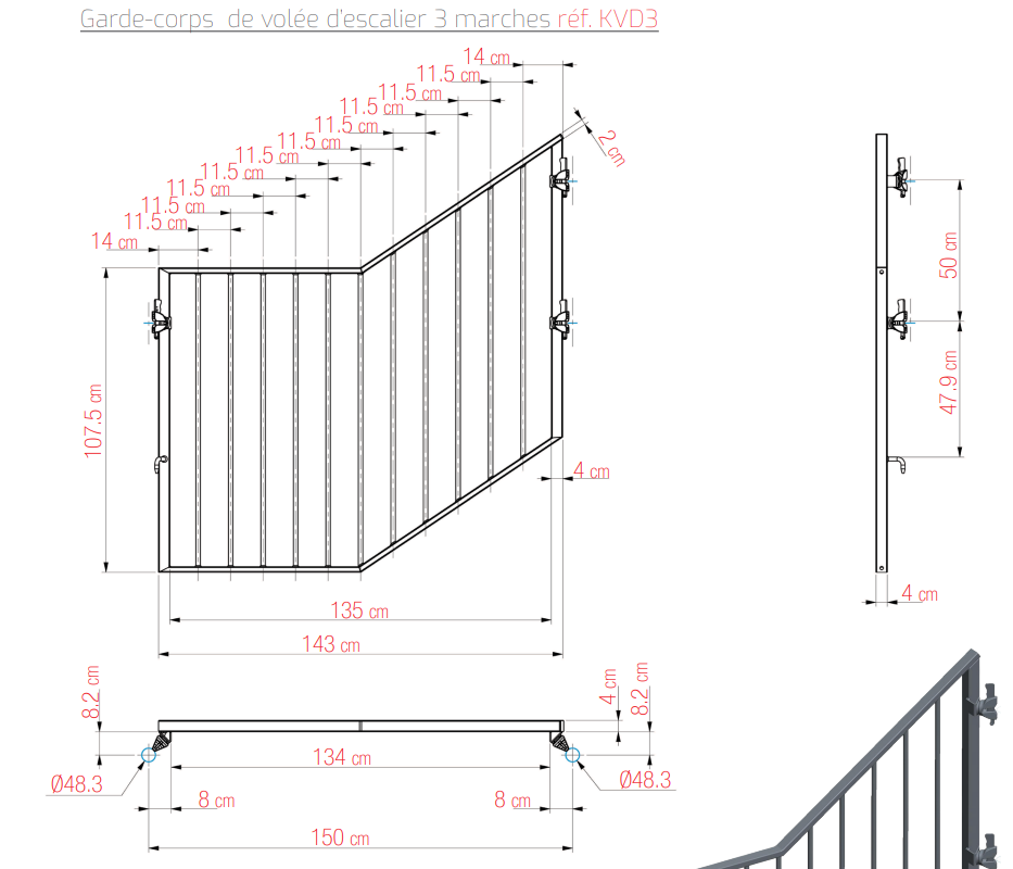 GARDE-CORPS  DE VOLÉE D'ESCALIER 3 MARCHES : KVG3