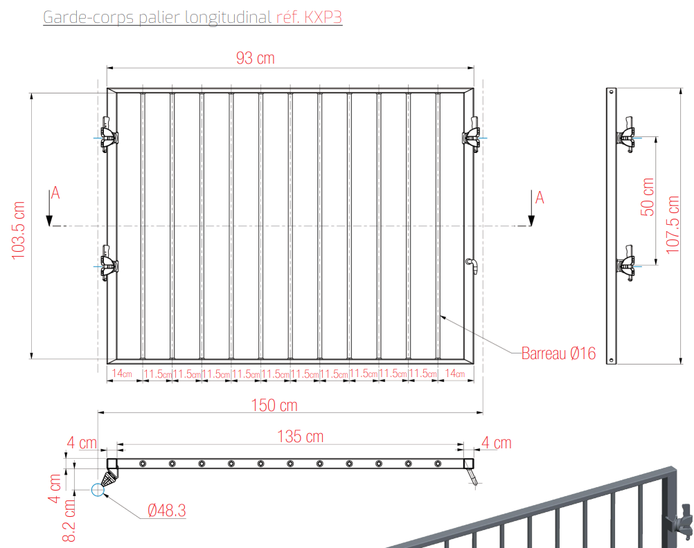 GARDE-CORPS PALIER LONGITUDINAL 150 x 100, 16,5 kg