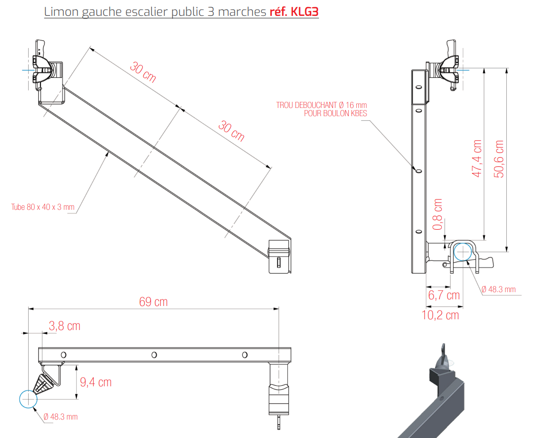KLG3 - Limon gauche pour escalier public 3 marches