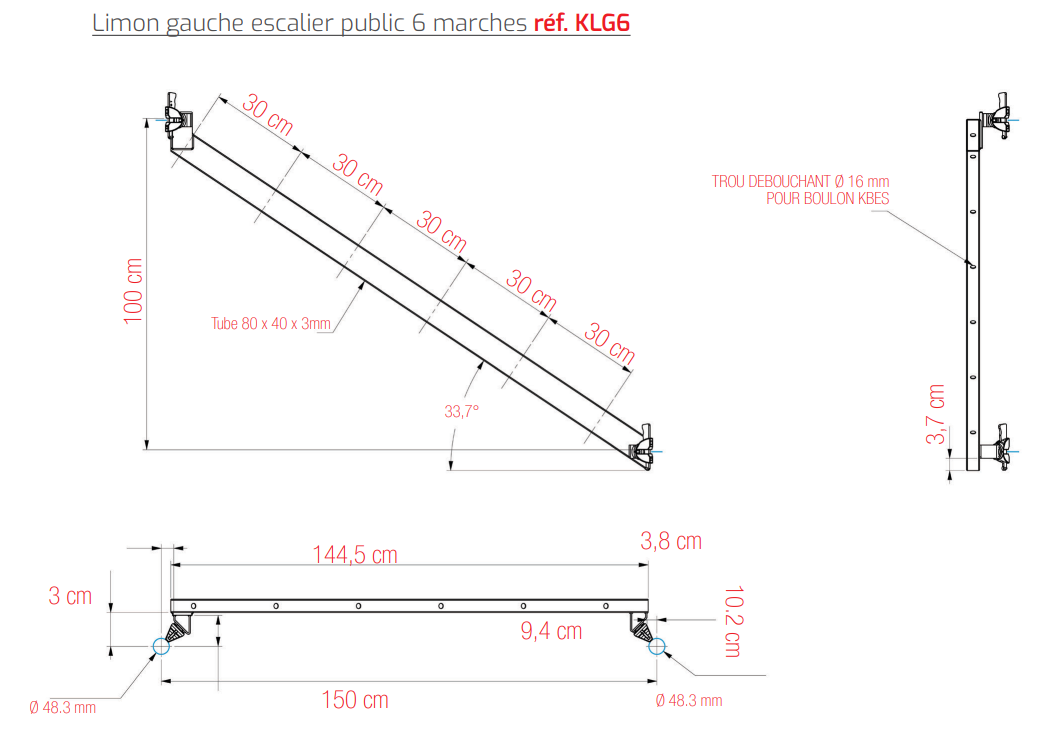 Limon Gauche pour Escalier Public 6 Marches - KLG6